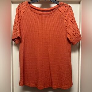 SHEIN Vibrant Orange Eyelet Sleeve Tee